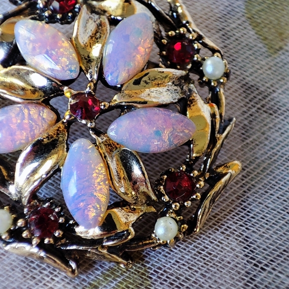 Pink Fire Opal? Seed Pearls Faux Garnet stone Gold Rhodium Plate Vintage Brooch - Picture 5 of 7